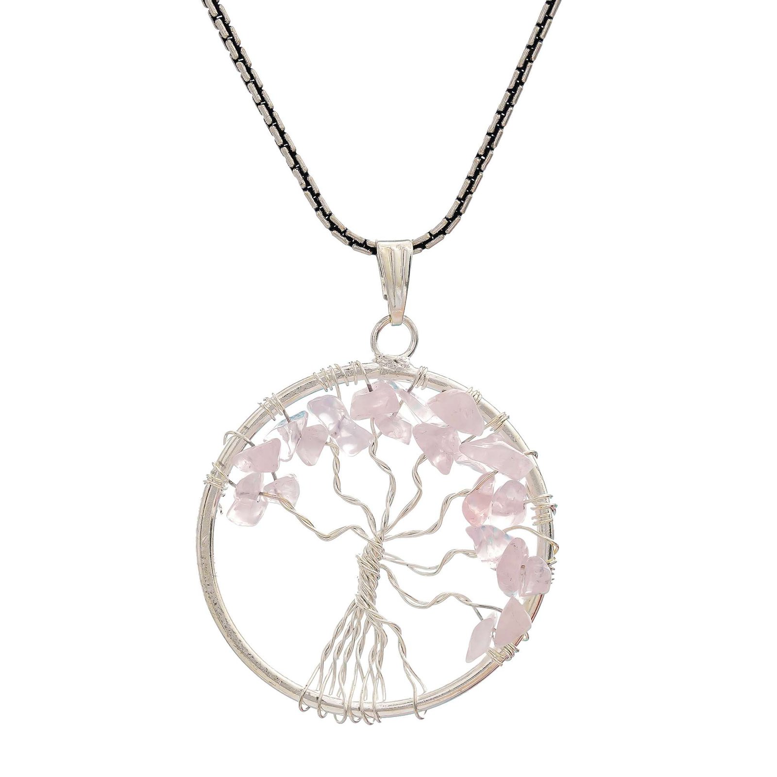 Rose Quartz Pendant Tree of Life Crystal Stone Pendant Locket with Metal Chain for Healing Crystal Healing Gemstone Size 35-40 mm rose quarts